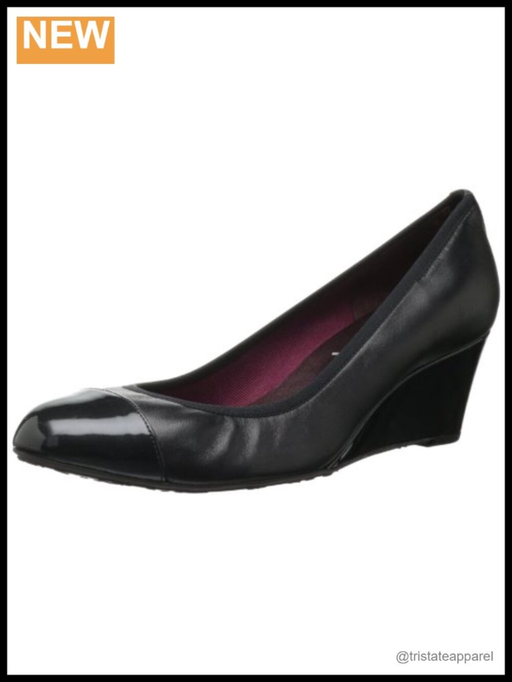 Wedge Pump with Elastic Topline, Cap Toe, Leather